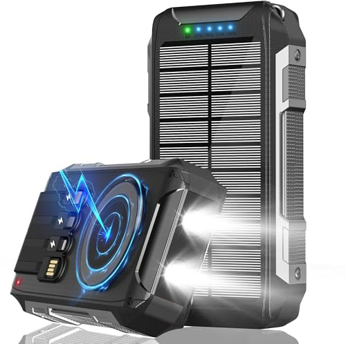 26800mAh Batterie Externe Powerbank Solaire Magnétique sans Fil avec 4 câbles intégrés,USB C 30W 7 Sorties Charge Rapide Chargeur Externe,avec SOS Lampe Torche pour TéléphonesTablettes Camping