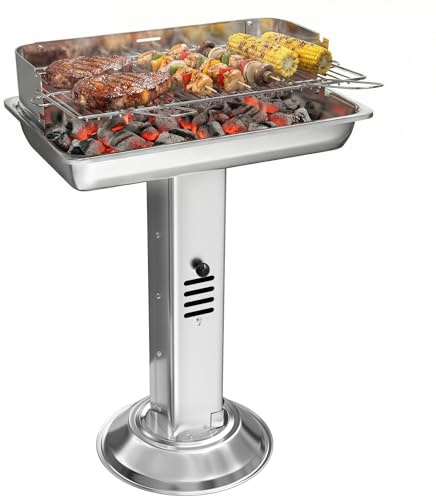 TLGREEN Edelstahl Holzkohlegrill wetterfest, 52*32*84cm Säulengrill, Edelstahl Grill mit verchromtem Grillrost, 3-fach höhenverstellbarem, Aschekasten & Belüftung, für Outdoor, BBQ, Strand, Camping