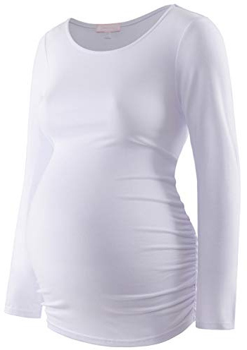 Bhome Maternity Shirt Long Sleeve Basic Top Ruch Sides Bodycon Tshirt for Pregnant Women, White, S