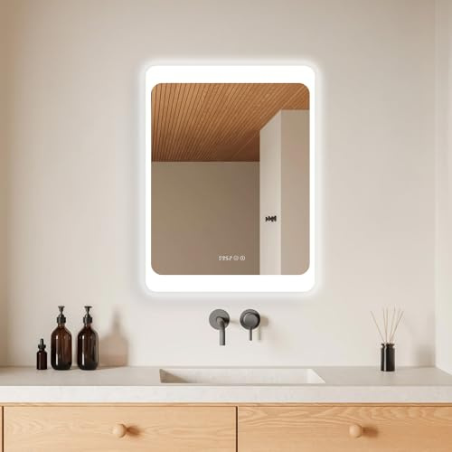 HOKO LED Badspiegel 60x80 cm Duisburg + ANTIBESCHLAG SPIEGELHEIZUNG + DIGITAL Uhr. Spiegel fürs Bad mit Touch Schalter + LED Licht Wechsel-Warmweiß-Kaltweiß-Neutral