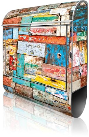 banjado Design Briefkasten personalisiert 38,5x46,5x13cm & 2 Schlüssel - Briefkasten Stahl Silber Zeitungsfach pulverbeschichtet - Postkasten A4 Einwurf inkl. Montagematerial - Motiv Bunte Holzschinde