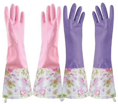 KINGFINGER Reusable Dishwashing Gloves,PVC Waterproof Long Cuff and Flock Lining Household Cleaning Gloves 2 Pair Large