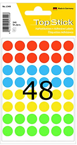 TopStick 1349 multifunktionsetiketter/runda färgade prickar, set med 10 (Ø 13 mm, 50 ark, papper, matt) självhäftande, permanenta märkningspunkter för handskriven märkning, 2 400 klistermärken