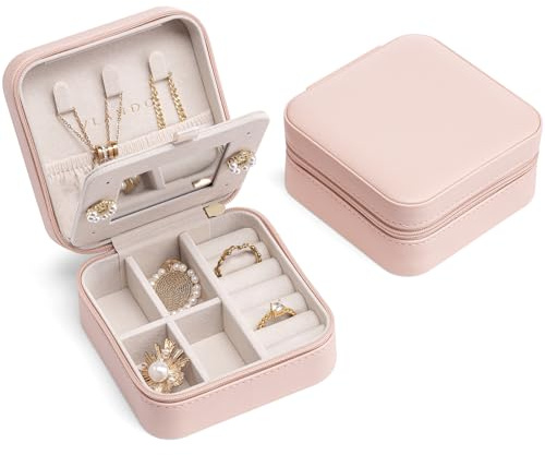 Vlando Boîte à Bijoux de Voyage avec Miroir, Rangement à Bijoux Transportable, Organisateur pour Colliers, Bagues, Boucles d’Oreilles, Idee Cadeau (Rose)