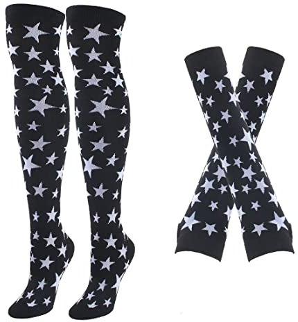 Randiga långa stickade handskar knähöga randiga strumpor leggings party kostym tillbehör 2 par set, Svarta stjärnor, en storlek