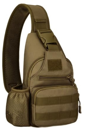 Taktisch Sling Schultertasche, Militär Molle Brusttasche, Kleine Umhängetasche mit Flaschenhalter & USB-Ladeanschluss für Camping Wandern Trekking