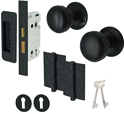 EAI Matt Black Door Knobs with Sash Lock 80mm and Hinges - Lined | Complete Sash Lock Kit with 1 Pair of Lined Mortice 55mm Door Knobs, 80mm Sash Lock, 76mm Hinges, Fixings Included