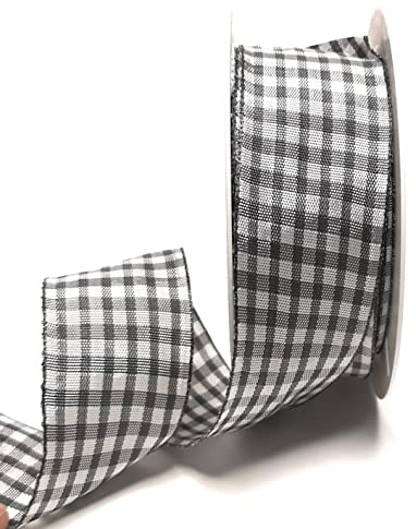 s.dekoda Schleifenband 20m x 40mm Grau Anthrazit - Weiß Karoband kariert Vichykaro Dekoband mit Draht [3850]