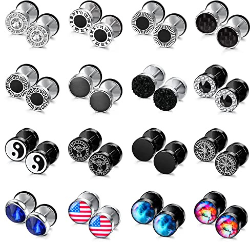 JeryWe 16 Paia Orecchini Borchie per Uomini Donne Acciaio Inossidabile Tondo Argento Nero Orecchini Finta Spina Orecchie Orecchio Vite Barbell Plugs Faux Misure Tunnel Orecchio B 8MM