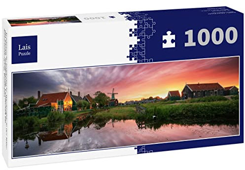 Lais Puzzle Traditionelle holländische Windmühle in der Nähe des Kanals. Niederlande, Landschaft bei Sonnenuntergang, Panorama 1000 Teile Panorama