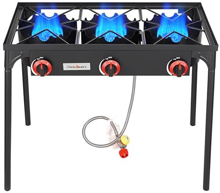Vivicreate 3 Burner High pressure Propane Stove, 28 Inch Tall Camping Stove with cast iron burner 105000 BTU power, Stable Legs for Outdoor Use