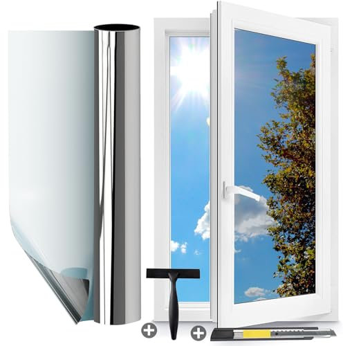 Gutsurge Spiegelfolie Fenster Sichtschutz 75x200cm Hitzeschutzfolie für Fenster Privatsphäre Sonnenschutzfolie Innen Rückstandslose Thermofolie gegen Hitze UV Schutzfolie Wärmeschutzfolie Silber