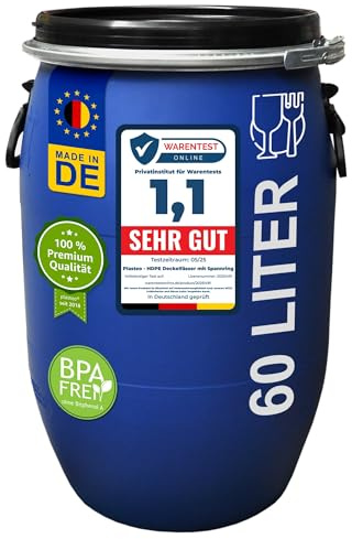 plasteo® 60 Liter Deckelfass Lebensmittelecht Weithalsfass mit Spannverschluss | Futtertonne | Universalfass | Lagerfass | Campingfass | Transportfass | Regenfass | Stapelbar | Blau