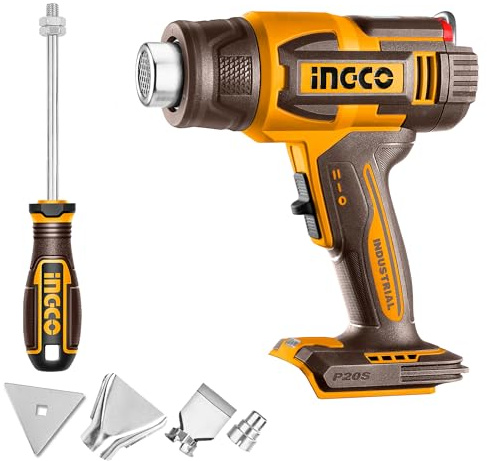 INGCO 20V Cordless Hot Air Gun (Body Only) Max 1022°F (550°C), 100/200 L/min, Adjustable Temperature with LCD Display HGLI2003