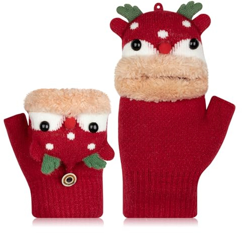 Kiiwah Guantes sin Dedos para Niños, Guantes de Invierno con convertible Flip Top, Cálido Guantes de Punto, Suave Forro de Felpa Medio Dedo Guantes Patrón Lindo para Niños Niñas, 3-8 Años