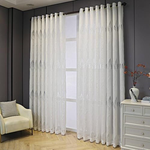 Wycian Outdoor Vorhang Gardinen Weiss Voile 2er Pack mit Ausgehöhltem Blattmuster H214 x B86 cm (2er Pack) Polyester