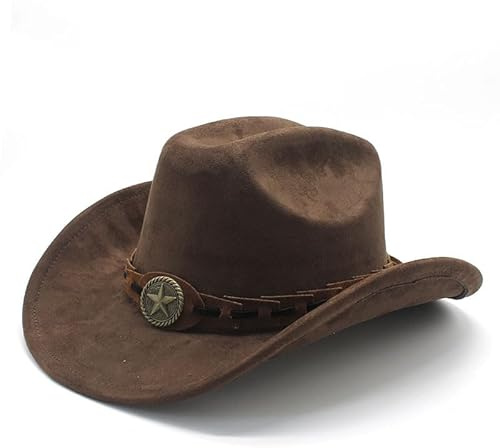 Wide Brim Cowboy Hat for Men Women Faux Suede Western Leather Cowboy Cowgirl Hat Stylish Adjustable Fedora Cowboy Outdoor Hat