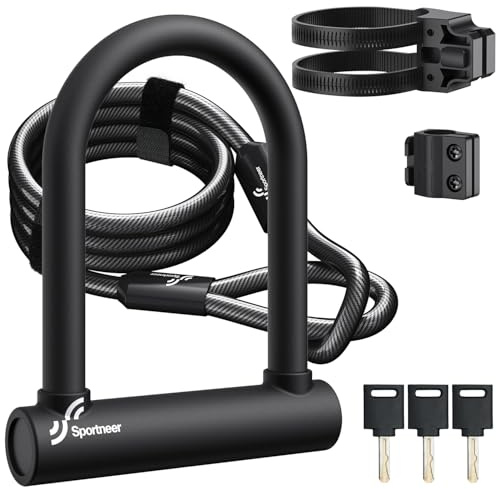 Sportneer Bike U Lock: 18mm Shackle Heavy Duty Bike Lock with 6ft Security Steel Cable - Bicycle U-Locks with Keys and Sturdy Mounting Bracket for Road Mountain Bike Bicycle, Size 7.87''x6.3''