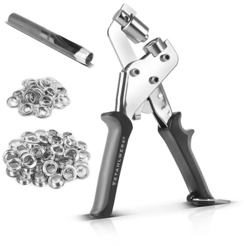 STAHLWERK Ösenzange Set 10 mm mit Lochstanze und 125 Ösen magnetische Profi-Ösenzange | Ösenpresse | Ösenstanze | Ösenwerkzeug aus gehärtetem Stahl