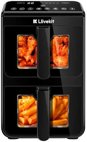 LLIVEKIT 10L Double Stack Air Fryer XXL, 9-in-1 AirFryer with 2 Vertical Drawers & Viewing Window, 90% Oil Saving, Smart Finish & Sync Cook, 2460W, Reheat Function, Large Air Fryer