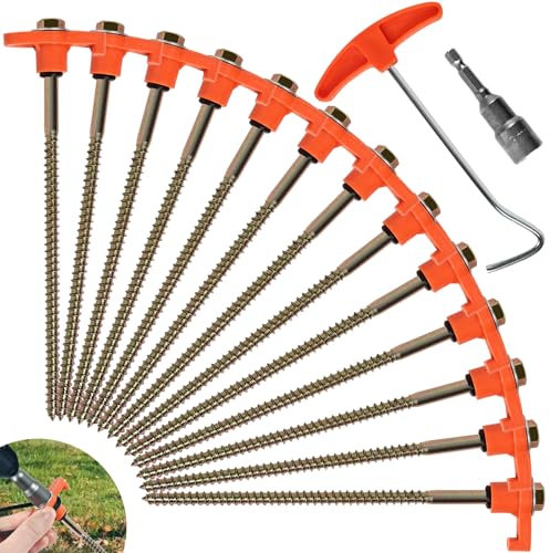 OFFOF 12 Pack Heavy Duty Metal Tent Pegs – Rotating Rock Pegs with Thread, Ground Anchors for Camping, Includes Drill Adapter & Nail Puller, Durable Steel Stakes for Garden, Canopies & Outdoor(orange)