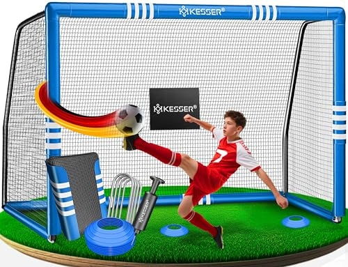 KESSER® Fußballtor für Garten Robustes Outdoor Training Schusstraining UV-beständigem Netz, Stahlrahmen mit Polsterung, Erdhaken, Luftpumpe, Hüttchen, Montagezubehör für Kinder und Erwachsene