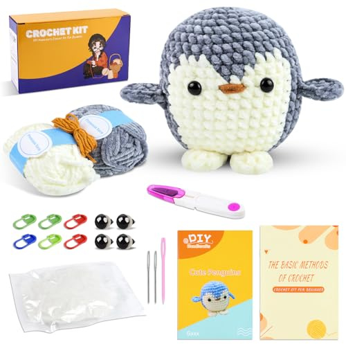 iuqiepo Beginners Crochet Kit, Animal Crochet Kit, Crochet Kit for Beginners, Step-by-Step Video Tutorial, Crochet Kits for Beginners Adults, Crochet Kits - DIY Gift Penguin