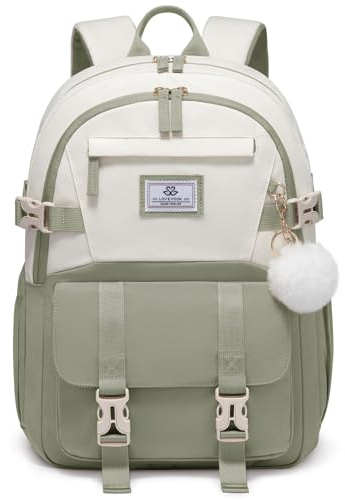 LOVEVOOK Schulrucksack Teenager Mädchen 10-18 Jahre mit Großem Flaschenfach | Rucksack Damen Multi-Tasche Schulranzen Schultasche, Wasserdicht School Bag 15,6 Zoll Laptop für Schule Uni, Khaki Beige