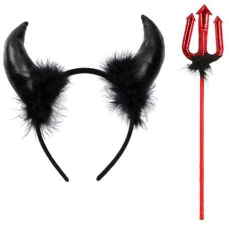 DLPRK Corna diavolo e Tridente, Set Costume da Diavolo Donna, Cerchietto Diavolo, Accessori Halloween e Carnevale (Tridente 36cm)