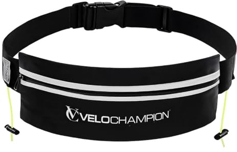 VeloChampion Cinturón Porta Dorsal Reflectante con Bolsillo De Almacenamiento. Ajuste Elástico Regulable con Cierre De Clip Carrera, 5k, 10k, Maratón, Triatlón Y Ciclismo (Negro)