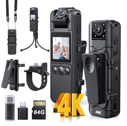 BOBLOV A26 Mini Body Camera 4K 64 GB, obiettivo ruotabile, piccole bodycam con visione notturna, registrazione video 6 ore, personale, Fotocamera