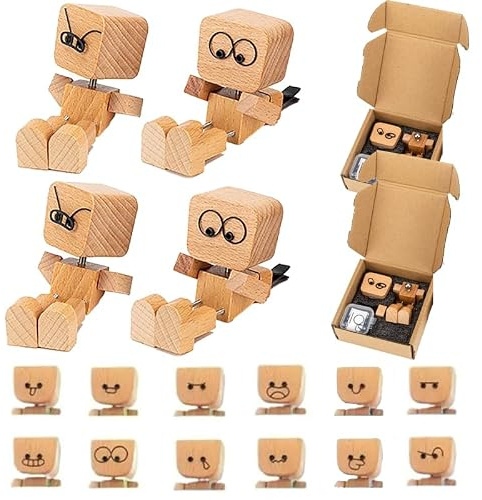 Wackelfigur Auto Wackelnder Holzman - Holzfigur WackelfüßE, Holz Wackelfigur - WackelmäNnchen Holz Mit 12 Magnetischen GesichtsausdrüCken (4 quadratischer Holzmann (+48 magnetische Ausdrucke))