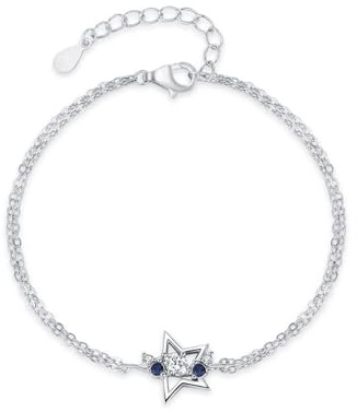 Epinki Echtes 585 Weißgold Armbänder Damen, Doppelte Schicht Kette Stern Armreifen mit Diamant, Armreif Saphir 14K, 16+5CM