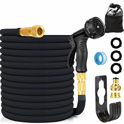 Latex-Expander-Gartenschlauch | Flexibler Wasser-Gartenschlauch mit 3/4 & 1/2 Metall-Anschlüssen | Knickfrei & Leicht | 10-Funktionen Spritzdüse für Gartenbewässerung, Autowäsche (50FT)