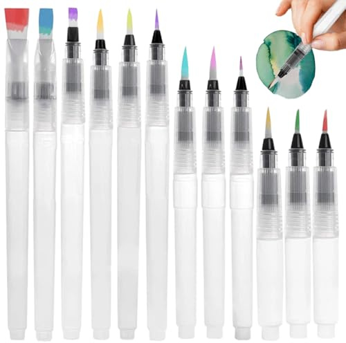 CEJAS 12 Pezzi Pennelli con Serbatoio,Water Brushen,Pennarelli Ad Acqua 12/15/19CM, Colorare, Dipingere,Versatili Pennelli Per Acquerelli Per Adulti, Dambini, Artisti e Amanti Della Pittura