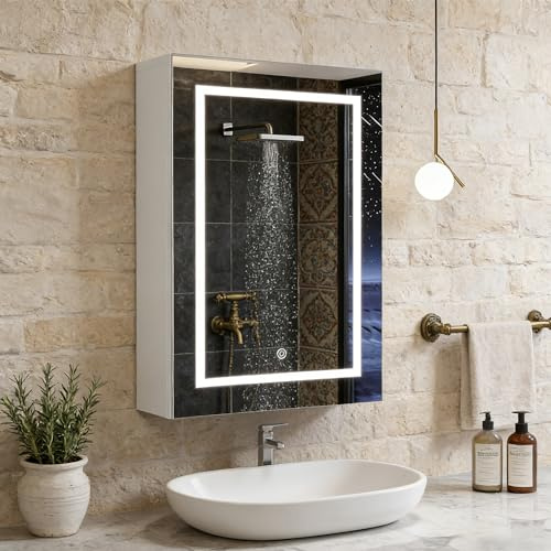 DULRLLY Spegelskåp, badrum med belysning, badrumsspegelskåp med 3 färgtemperaturer och 2 justerbara hyllor, dimbart badrumsskåp, badrumsskåp med touch-sensor och LED, 50 x 12,5 x 70 cm