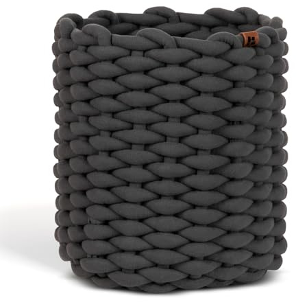 Bigso runder Aufbewahrungskorb aus weichem Stoff, geflochtener Storage Basket, super soft Oberfläche, vielseitiger Ordnungshelfer für Bad, Wohnzimmer & Schlafzimmer, Größe M, Grau
