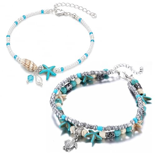 ARHZ Bohême Bracelets De Cheville Pour Femme - à Deux Étages Bracelet Cheville - Étoile De Mer Tortue De Mer Perlé Bracelet De Cheville - Accessoires De Plage Pour Dames Et Filles（BT）