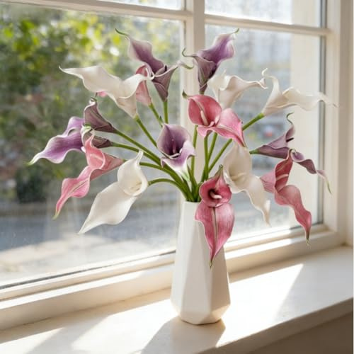 Flores artificiales realistas de lirio de cala para decoración de jarrones de mesa, adecuadas para sala de estar, comedor y espacios de oficina (morado oscuro)
