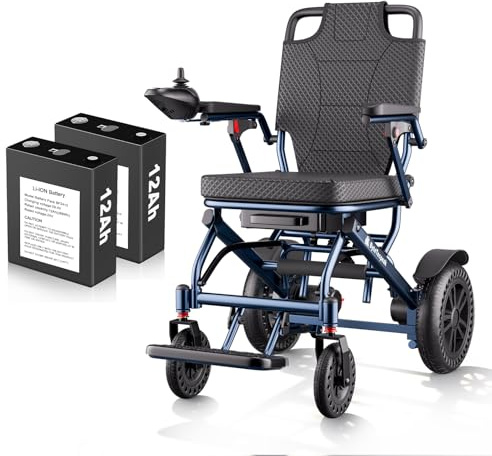 D14 Silla de ruedas eléctrica plegable, alcance 40km, equipada con 2 baterías litio 12Ah, carga 150KG, silla de ruedas eléctrica de aleación de aluminio, para mayores y con movilidad limitada-Azul