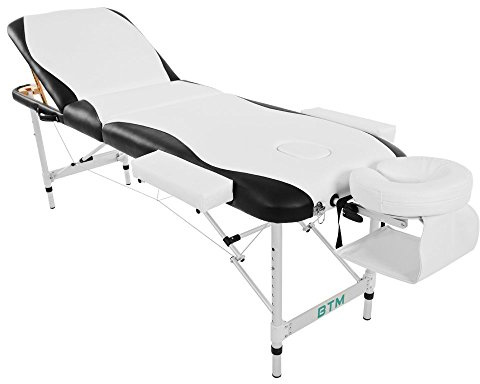 BTM Massage Table Couch Bed Professional Tattoo SPA Reiki Portable Folded 3 Section with Premium PU Leather and 5 cm High Density Multi-Layer Foam Headrest Arm Support and Carrying Bag Black (Black)