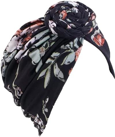 Kemo huvudbonader för kvinnor UK mjuk turban mössa hatt halsduk huvudomslag huvudskydd alopeci bambu hätta huvudscarf sovmössa, Svart blommig framsida platt knut turban, one size