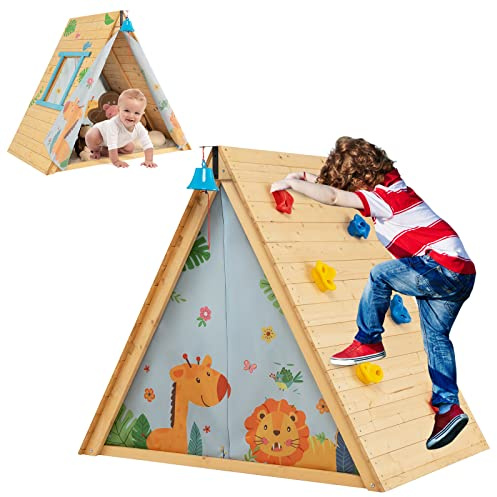GOPLUS Tienda de Juegos Triangular para niños, 2 en 1, casa para niños y Rocas de Escalada, Tienda de Madera con Pared de Escalada, Campana Colgante, Adecuado para Interiores y Exteriores