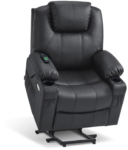 MCombo Power Lift Recliner Chair for Elderly, Lift Chair with Heat and Massage, FSC Certified, USB Ports, Cup Holders, Faux Leather 7040 (Black, Medium)