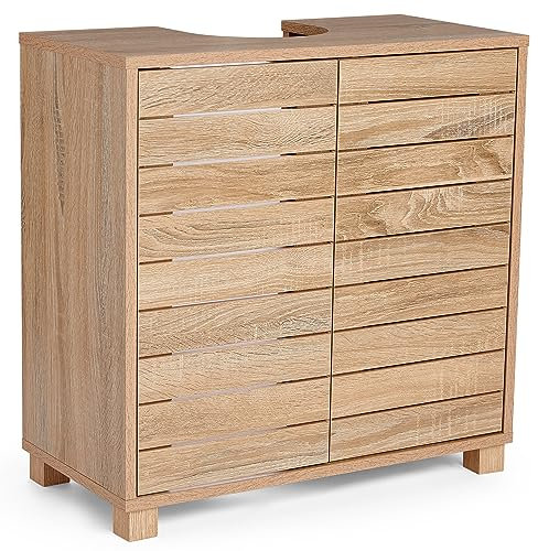 VonHaus Under Sink Bathroom Cabinet - Oak Wood Effect Under Sink Storage with Handleless Design - Freestanding Below Basin Cabinet with 2 Internal Shelves - Basin Cupboard for Bathroom - Chester