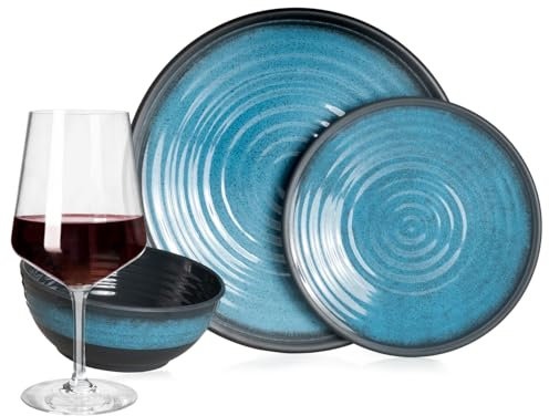 Vaisselle de camping en mélamine pour 4 personnes Bleu pierre + 4 verres à vin rouge Milano