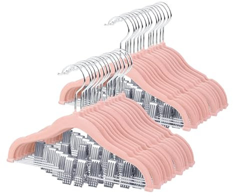 ManGotree Cintres en Velours Antidérapants pour Bébé avec Pinces - 30 cm pour Jupes, Pantalons, Robes, Vestes Enfants, Peu Encombrants (28 Paquets, Rose)