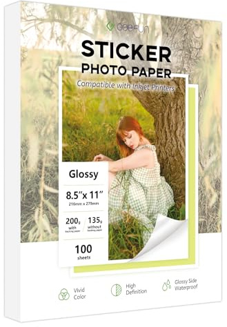 Glossy Sticker Paper for Inkjet Printer, Goefun Self-Adhesive Printable Photo Paper 8.5 x 11, 100 Sheets