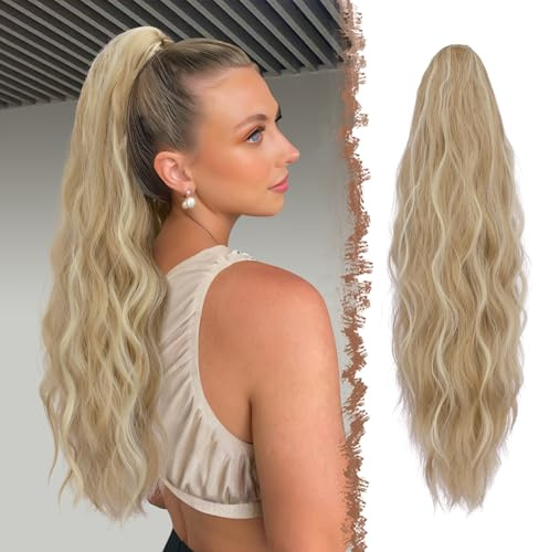 FESHFEN Coda Capelli Extension Pinza - Lunga Ondulato Coda Finta Capelli Riccia Coda di Cavallo Estension Sintetici Posticcio Ponytail per Donne, 63 cm Biondo Scuro Cenere