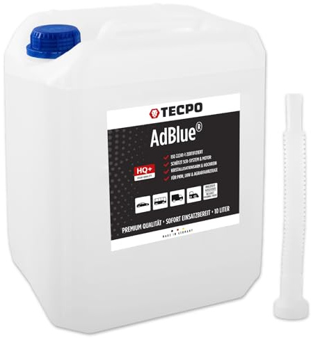 TECPO AdBlue ®, 10 Liter Harnstofflösung SCR Abgasreinigung Ad Blue mit Trichter Kanister Ausgießer Diesel TDI inkl. Füllschlauch für Auto, LKW, PKW